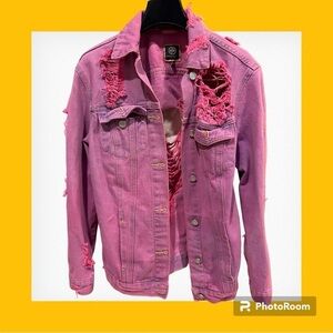 Boom Boom Jeans Denim Jacket Distressed Ripped Rose Pink Wash S